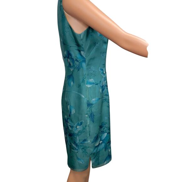 Vintage 90s Liz Claiborne 100% Silk Chiffon Dress Sz 6P Teal Floral Embellished - Picture 10 of 16